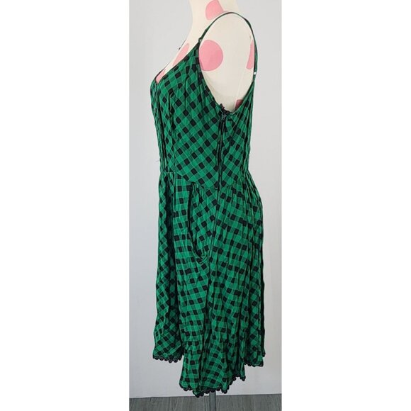 Women's Hot Topic Black Green Check Pleated Dress XL Pockets Sleeveless Zip - Picture 2 of 12